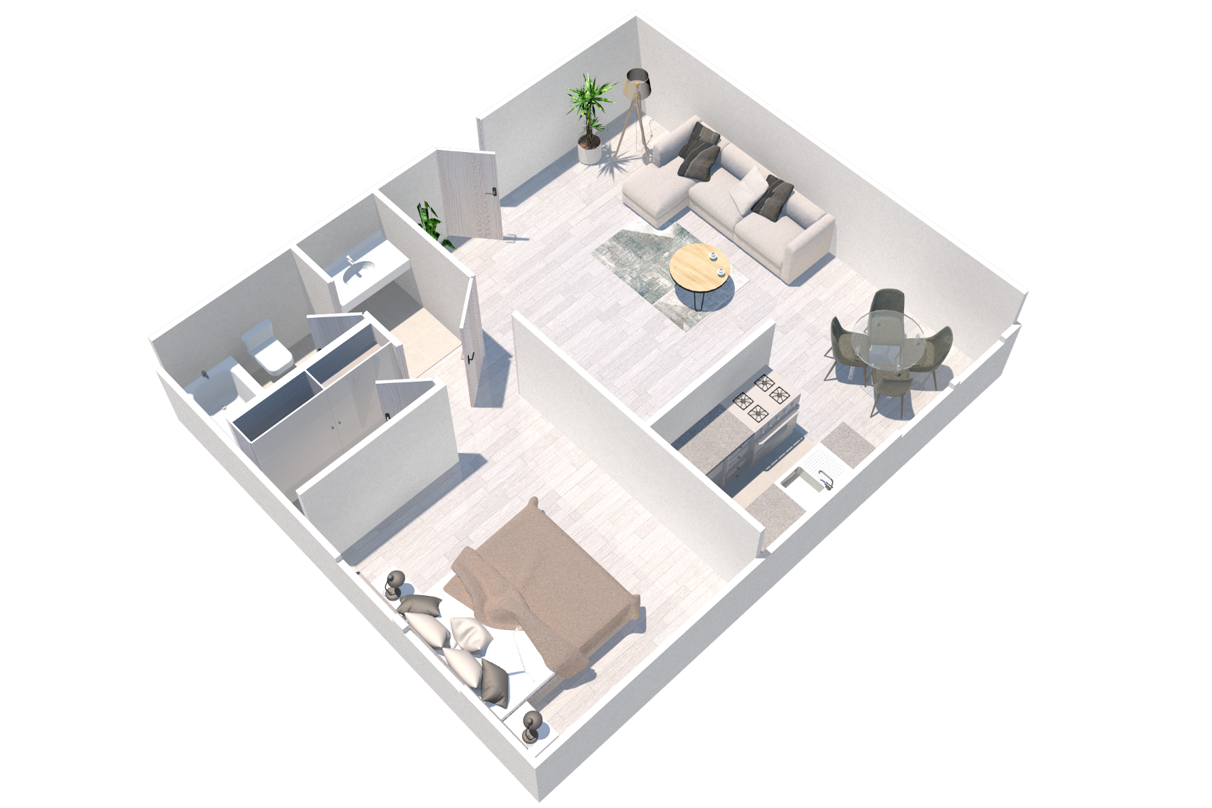 Floor plan for 1 bed, 1 bath, 700 sqft